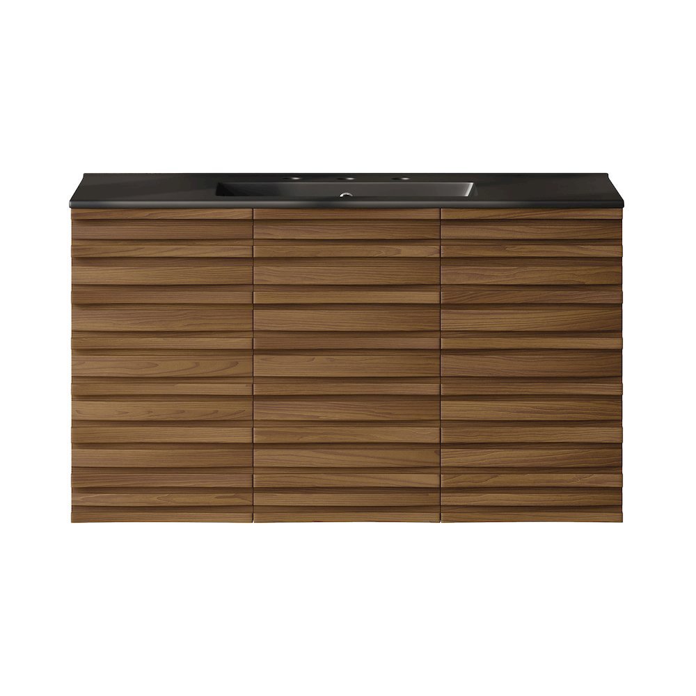 36" Wall-Mounted Bathroom Vanity in Brown Oak, Black 3-Hole Widespread Sink Top