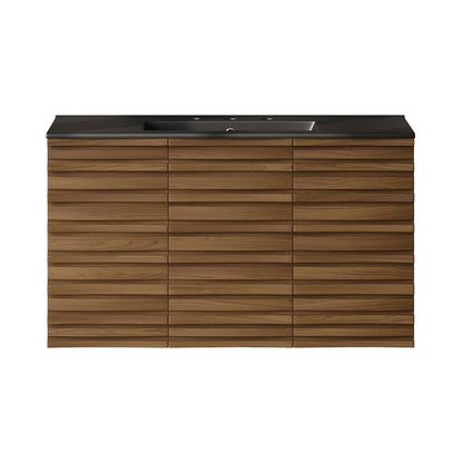 36" Wall-Mounted Bathroom Vanity in Brown Oak, Black 3-Hole Widespread Sink Top
