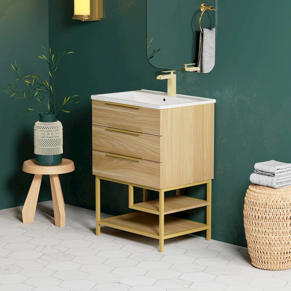 Carre 24" Freestanding Bathroom Vanity in Golden Oak with Sink Top