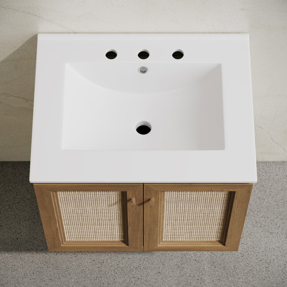 24" Wall-Mounted Bathroom Vanity, Brown Oak, Widespread Faucet Holes Vanity Top