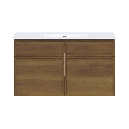 36" Wall-Mounted Bathroom Vanity in Brown Oak with 3-Hole Widespread Sink Top
