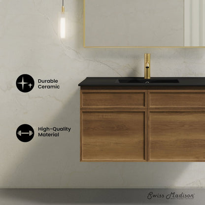 St. Tropez 36" Wall-Mounted Bathroom Vanity in Brown Oak with Black Sink Top