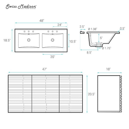 48" Wall-Mounted Bathroom Vanity in Brown Oak with 3-Hole Widespread Sink Top