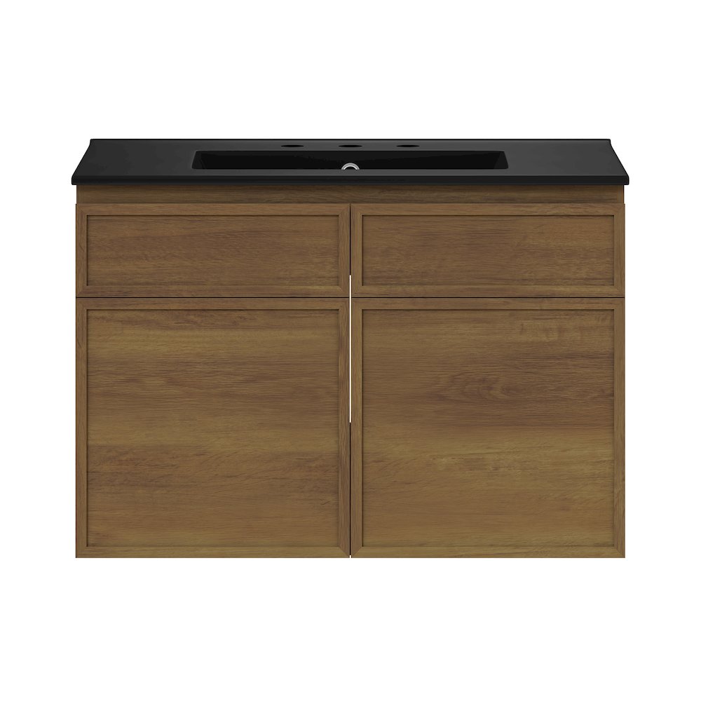 30" Wall-Mounted Bathroom Vanity in Brown Oak, Black 3-Hole Widespread Sink Top