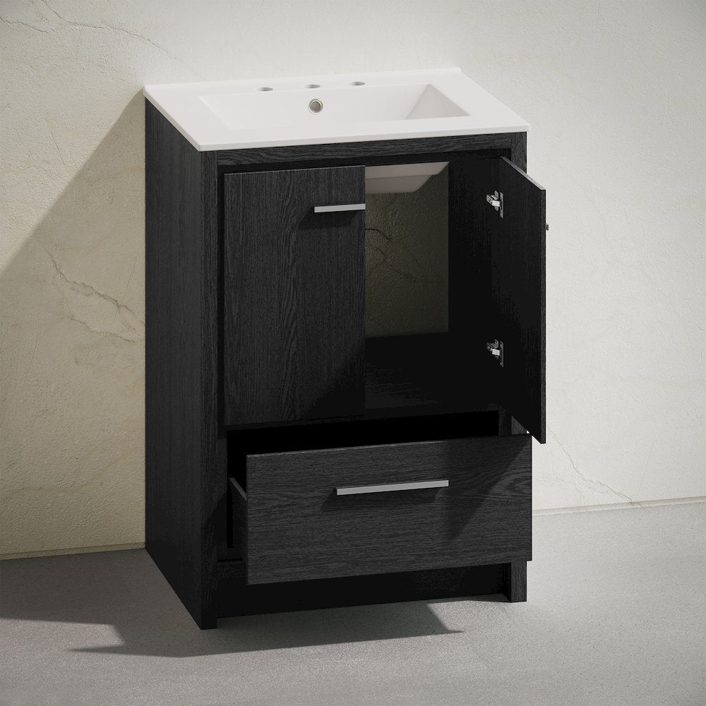 24" Freestanding Bathroom Vanity in Black Oak with 3-Hole Widespread Sink Top