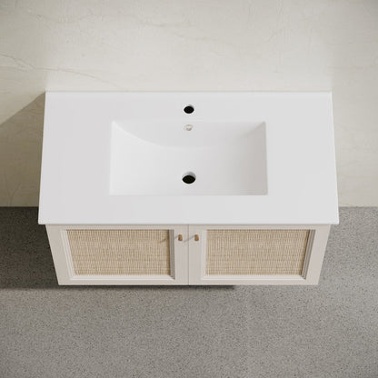 36" Wall-Mounted Bathroom Vanity in White Oak with Single Faucet Hole Vanity Top