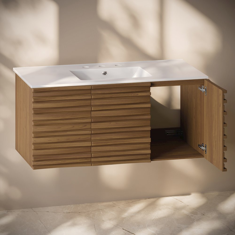 48" Wall-Mounted Bathroom Vanity in Brown Oak with 3-Hole Widespread Sink Top