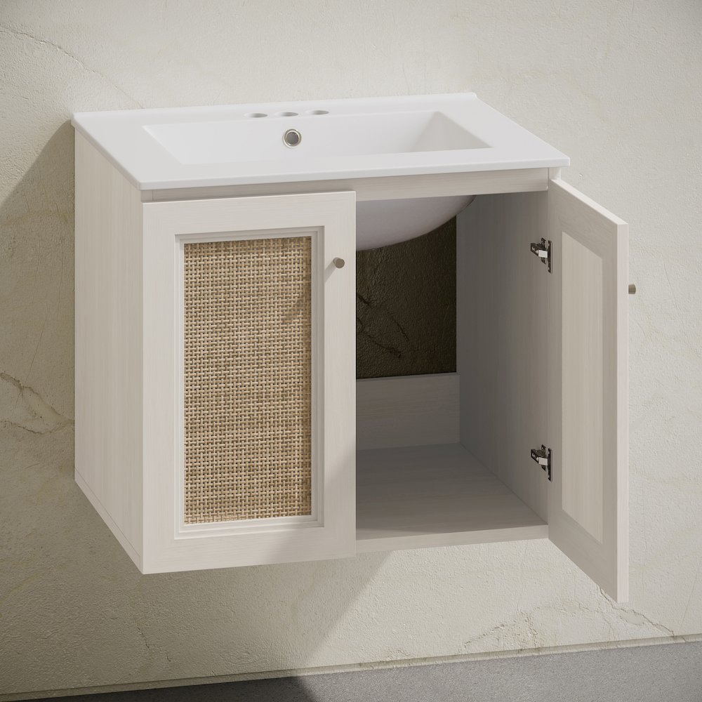 Wall-Mounted Bathroom Vanity in White Oak with Centerset Faucet Holes Vanity Top