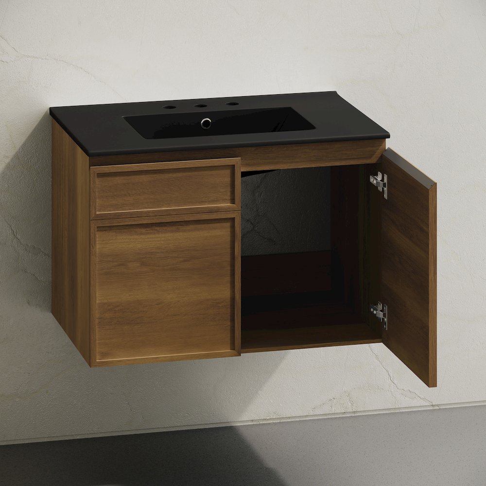 30" Wall-Mounted Bathroom Vanity in Brown Oak, Black 3-Hole Widespread Sink Top