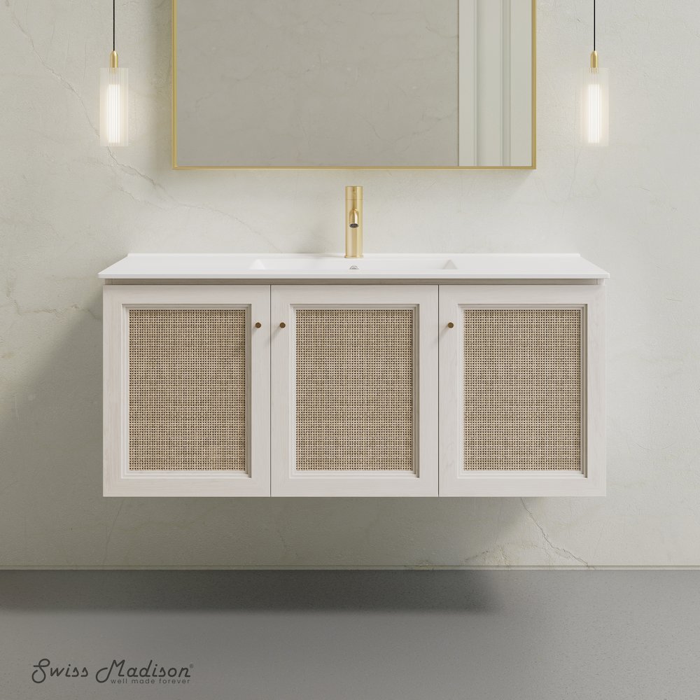 48" Wall-Mounted Bathroom Vanity in White Oak with Single Faucet Hole Vanity Top
