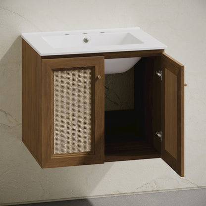 24" Wall-Mounted Bathroom Vanity, Brown Oak, Widespread Faucet Holes Vanity Top