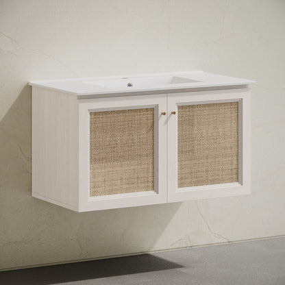 36" Wall-Mounted Bathroom Vanity in White Oak with Single Faucet Hole Vanity Top