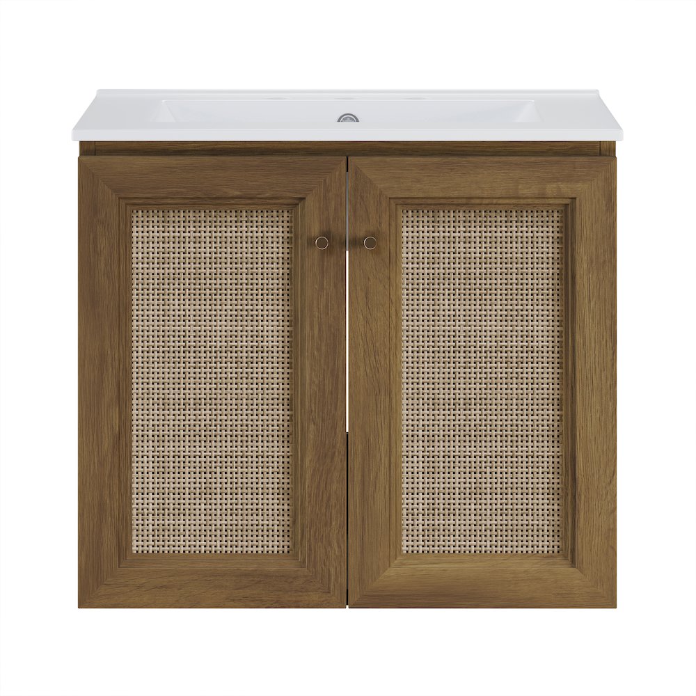 24" Wall-Mounted Bathroom Vanity, Brown Oak, Widespread Faucet Holes Vanity Top