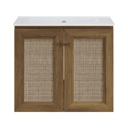 24" Wall-Mounted Bathroom Vanity, Brown Oak, Widespread Faucet Holes Vanity Top