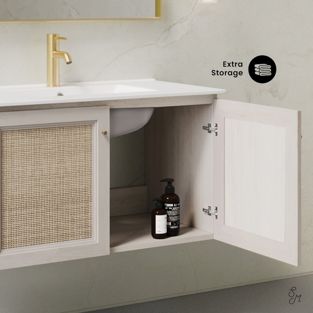 36" Wall-Mounted Bathroom Vanity in White Oak with Single Faucet Hole Vanity Top