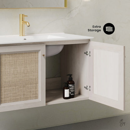 36" Wall-Mounted Bathroom Vanity in White Oak with Single Faucet Hole Vanity Top