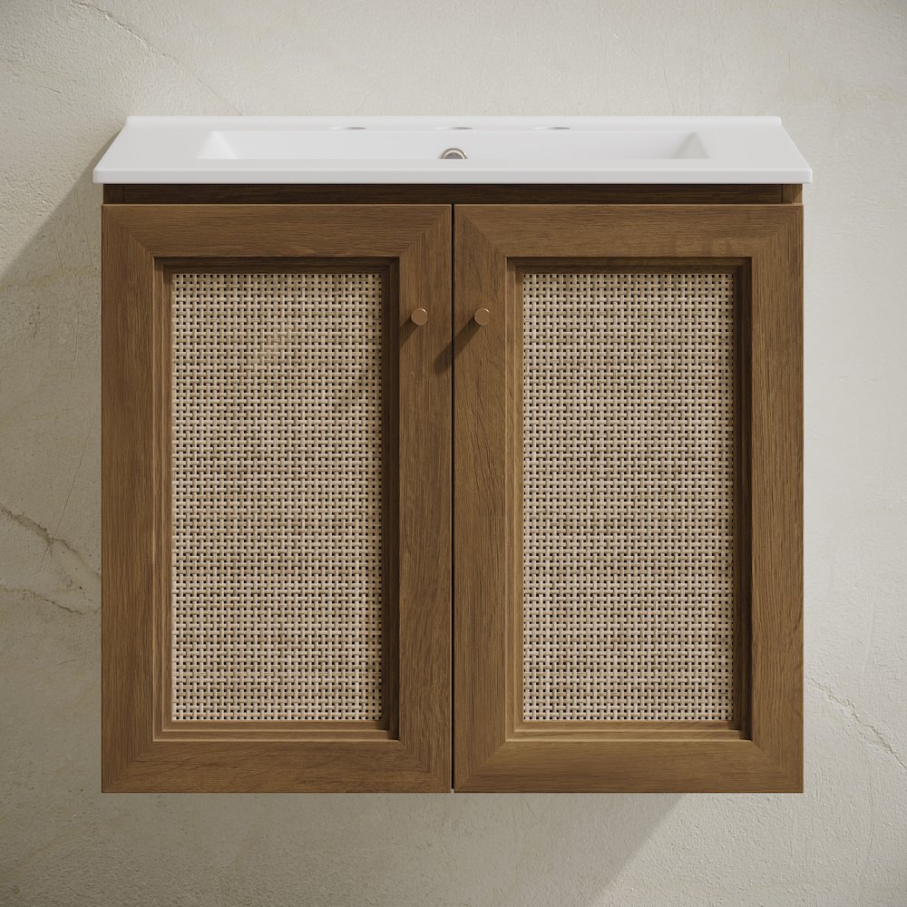 24" Wall-Mounted Bathroom Vanity, Brown Oak, Widespread Faucet Holes Vanity Top