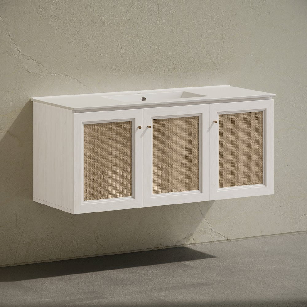 48" Wall-Mounted Bathroom Vanity in White Oak with Single Faucet Hole Vanity Top