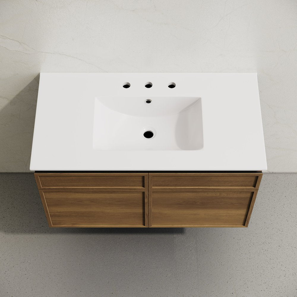 36" Wall-Mounted Bathroom Vanity in Brown Oak with 3-Hole Widespread Sink Top