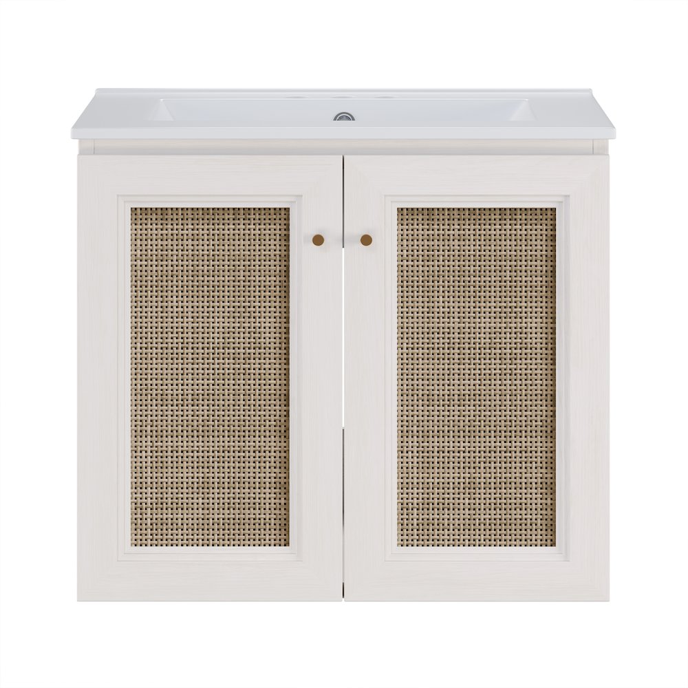 Wall-Mounted Bathroom Vanity in White Oak with Centerset Faucet Holes Vanity Top