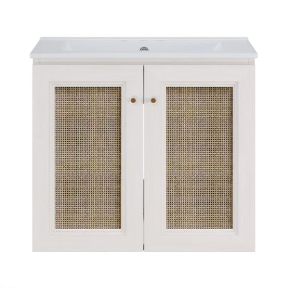 Wall-Mounted Bathroom Vanity in White Oak with Centerset Faucet Holes Vanity Top