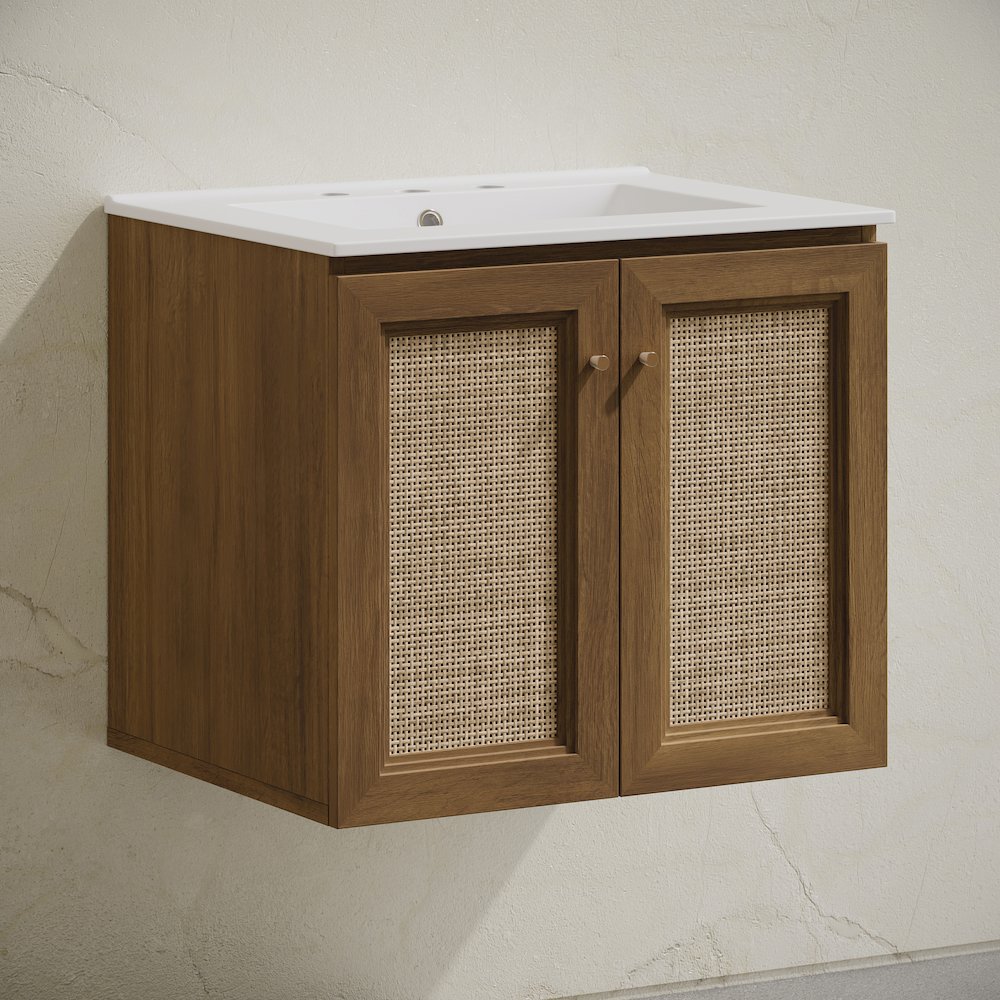 24" Wall-Mounted Bathroom Vanity, Brown Oak, Widespread Faucet Holes Vanity Top