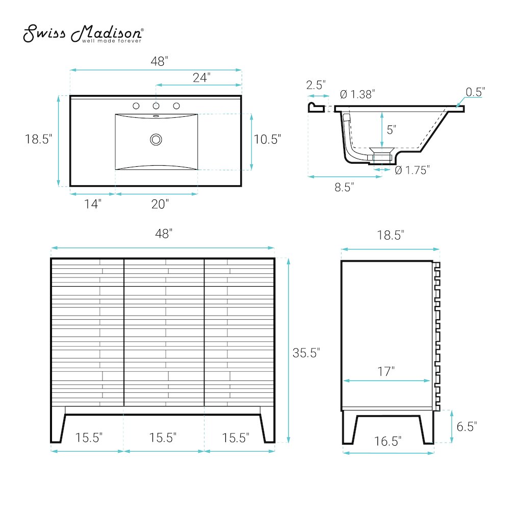 48" Freestanding Bathroom Vanity in White Oak with 3-Hole Widespread Sink Top