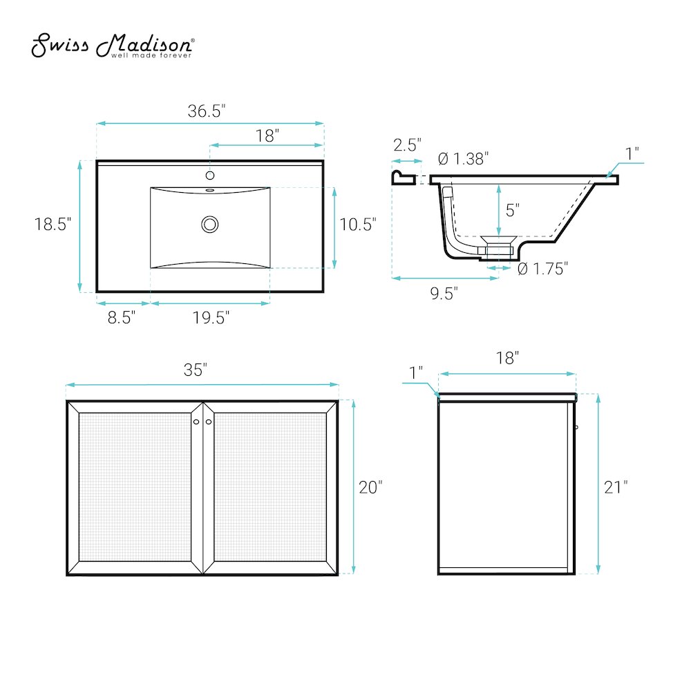 36" Wall-Mounted Bathroom Vanity in White Oak with Single Faucet Hole Vanity Top