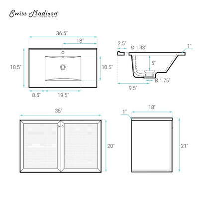 36" Wall-Mounted Bathroom Vanity in White Oak with Single Faucet Hole Vanity Top