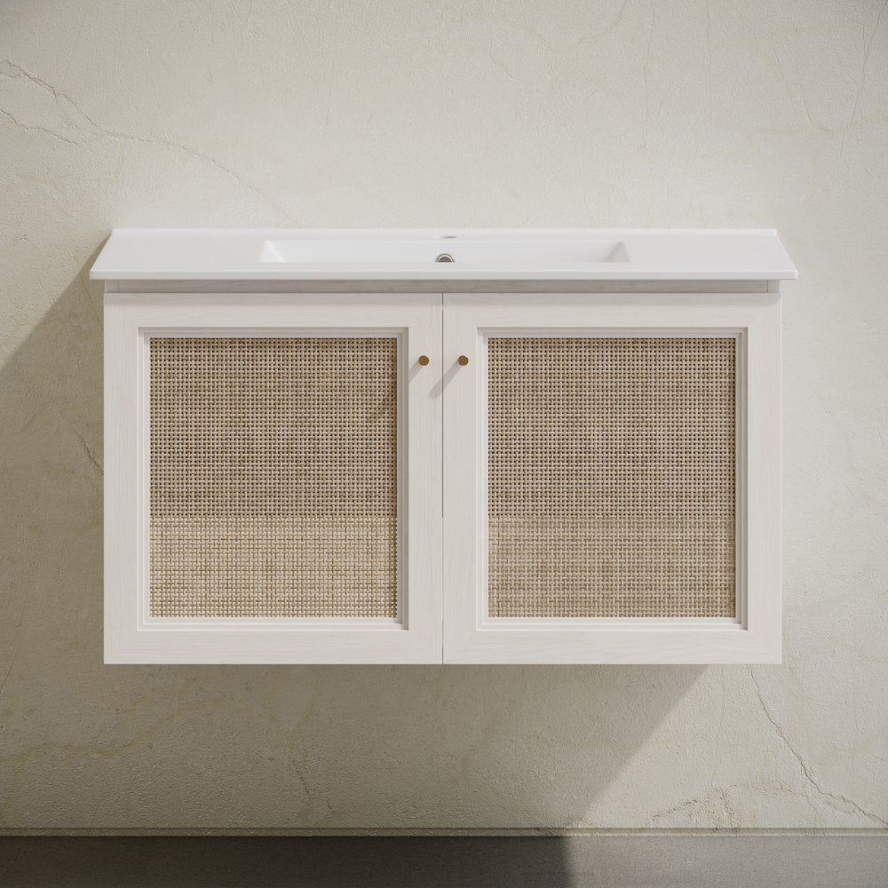 36" Wall-Mounted Bathroom Vanity in White Oak with Single Faucet Hole Vanity Top