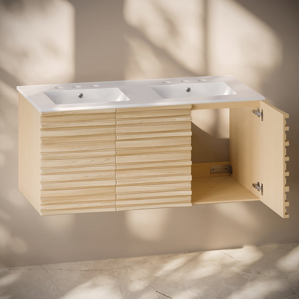 48" Bathroom Vanity in Natural Oak with Widespread Double Basin Sink Top