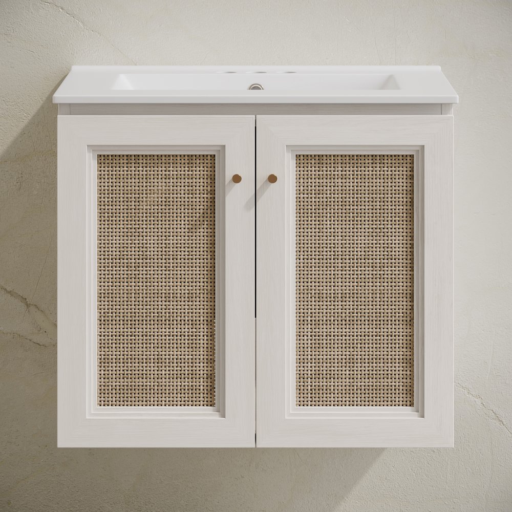 Wall-Mounted Bathroom Vanity in White Oak with Centerset Faucet Holes Vanity Top