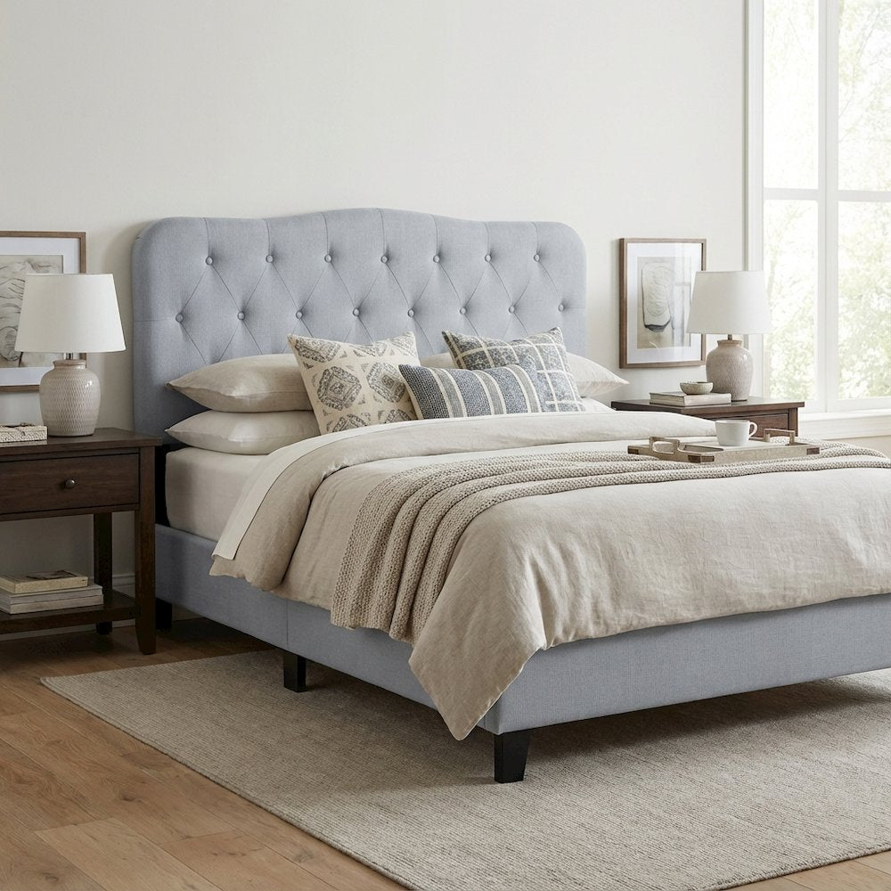 Light Blue Upholstered King Headboard with Rubberwood Frame and Elegant Design