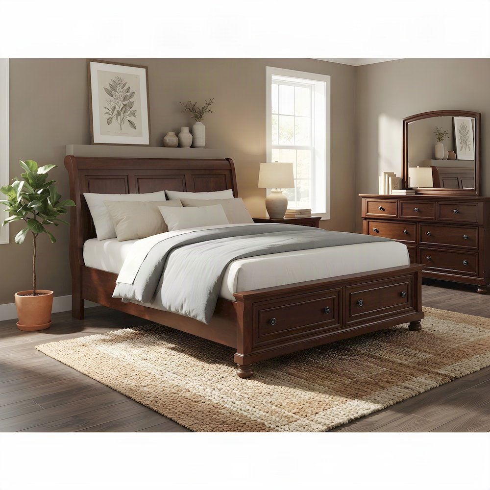 Queen Sleigh Platform Bed Frame with Storage Drawers, Headboard