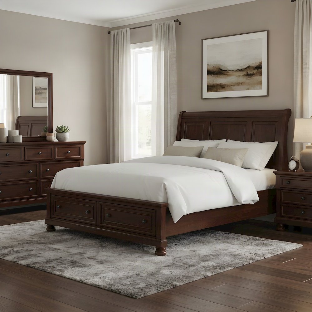 Queen Sleigh Platform Bed Frame with Storage Drawers, Headboard