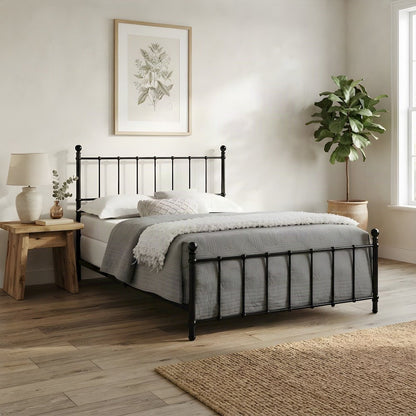 Full Size Metal Flat-Rail Platform Bed Frame with Spindle Headboard