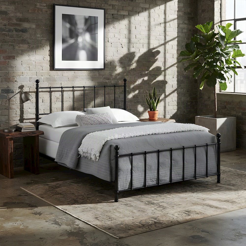 Full Size Metal Flat-Rail Platform Bed Frame with Spindle Headboard