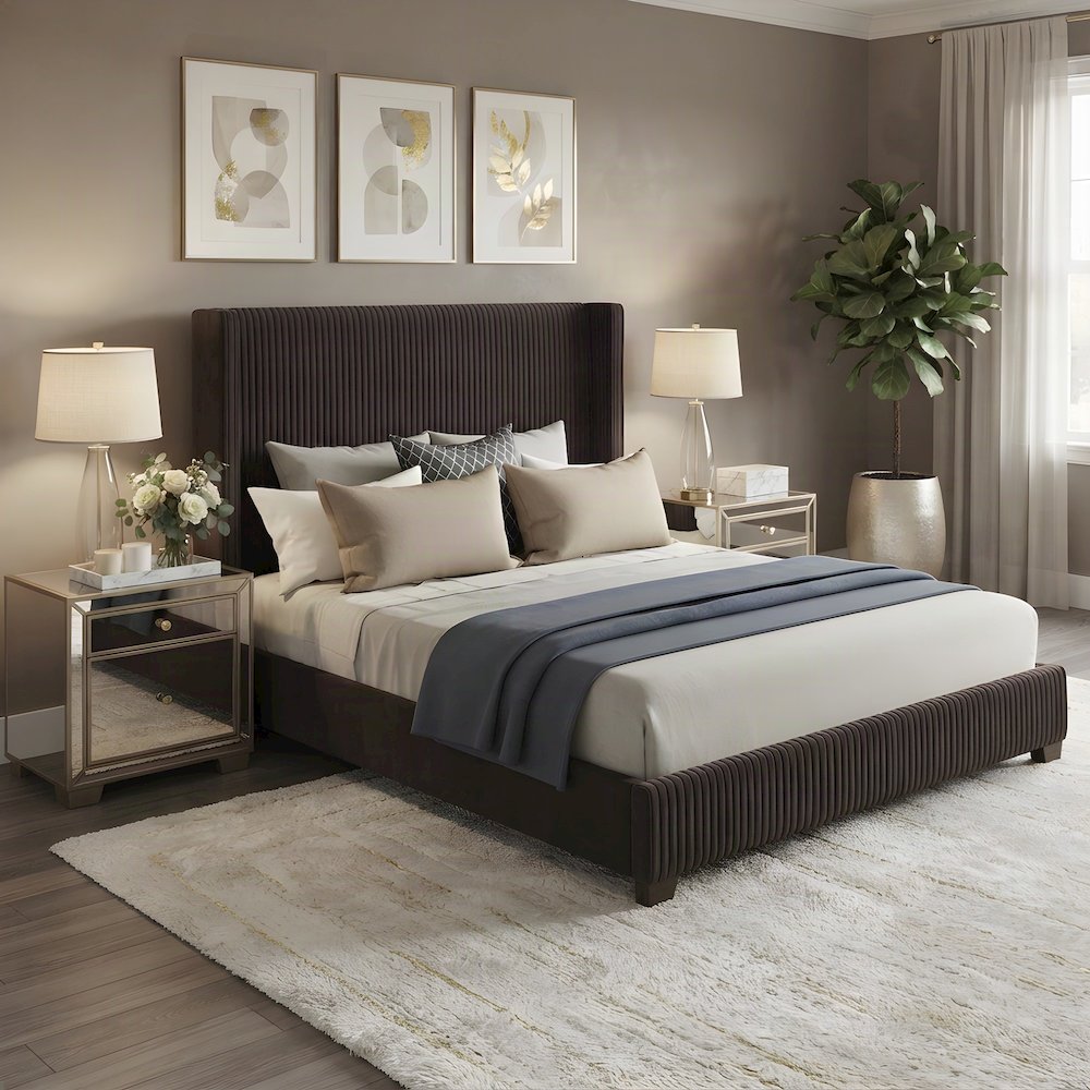 Upholstered King Platform Bed Frame and Headboard, Rubberwood