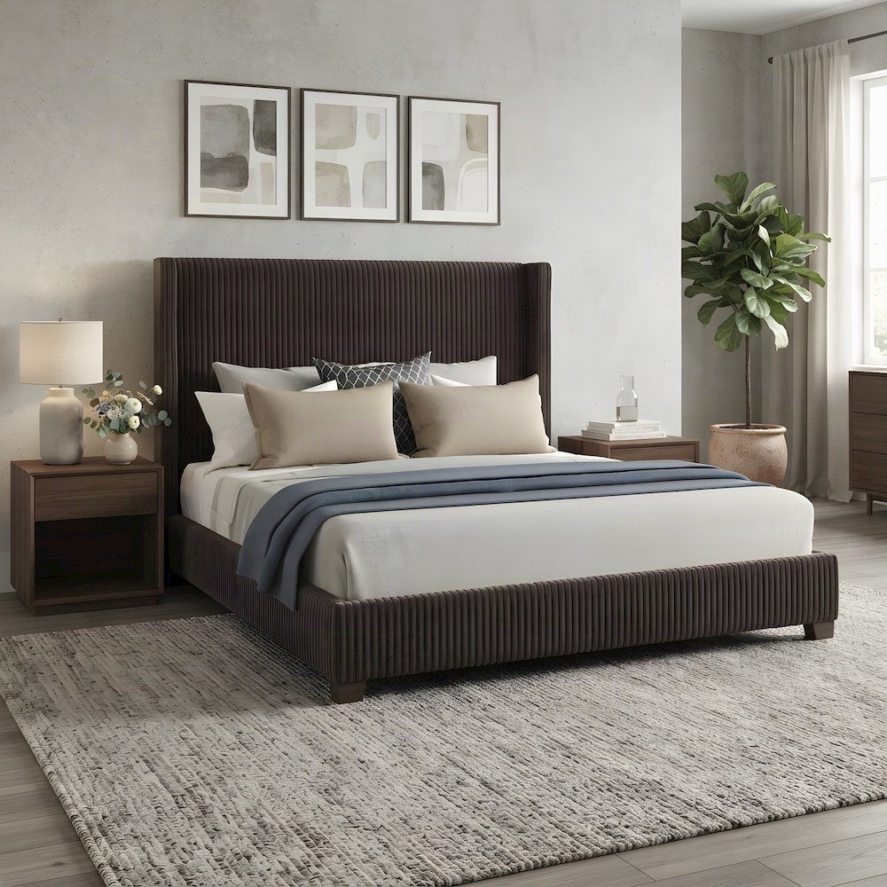 Upholstered King Platform Bed Frame and Headboard, Rubberwood
