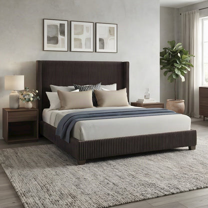 Upholstered King Platform Bed Frame and Headboard, Rubberwood