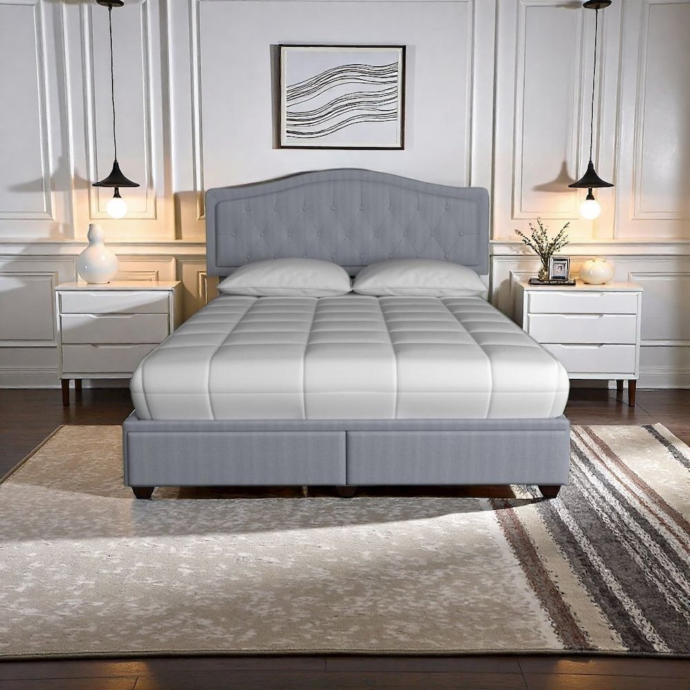 Gray Queen Bed Frame with 2 Drawers and Upholstered Storage Headboard