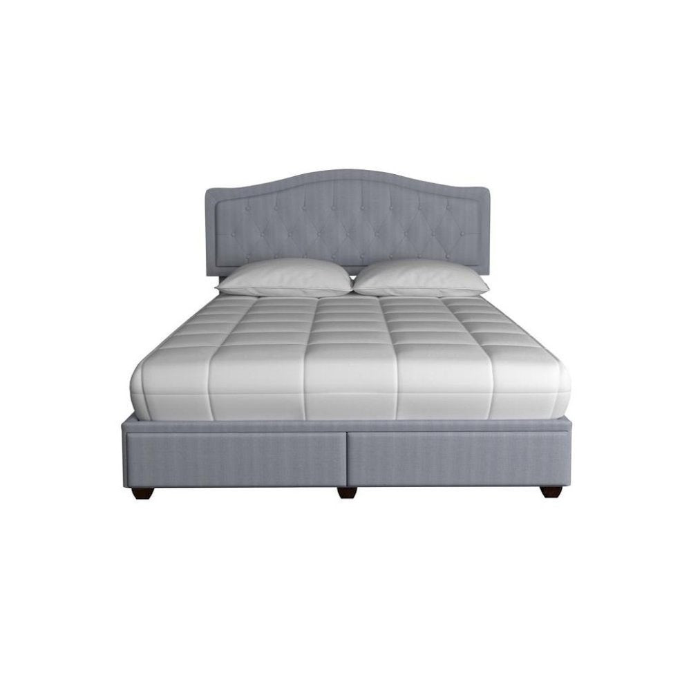 Gray Queen Bed Frame with 2 Drawers and Upholstered Storage Headboard
