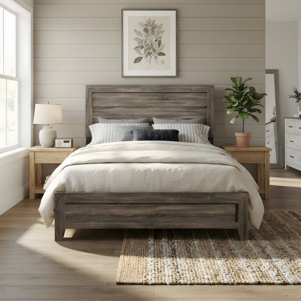 Poplar Wood Full Size Bed Frame with Headboard and USB Charging