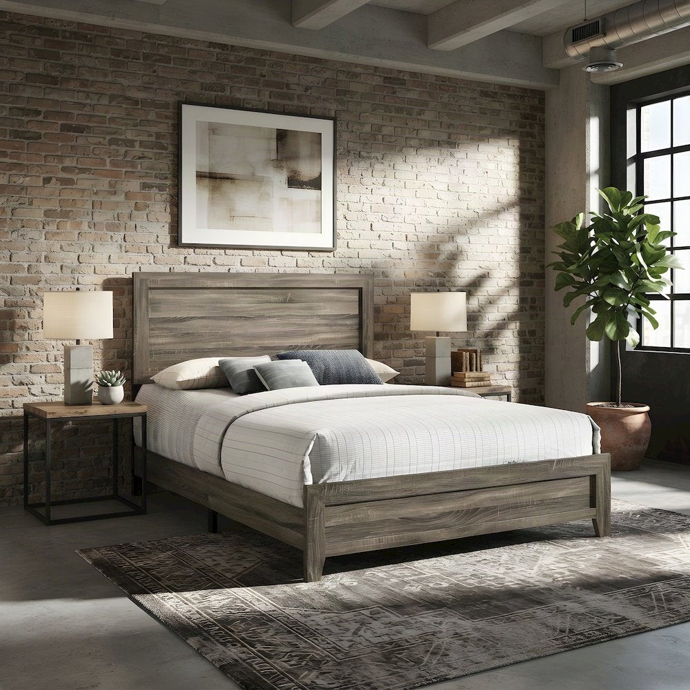 Poplar Wood Full Size Bed Frame with Headboard and USB Charging