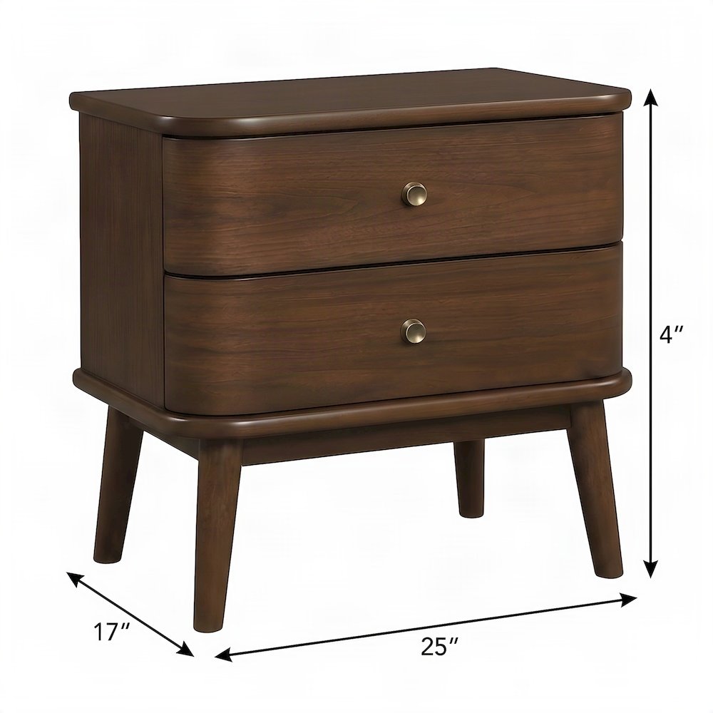 Solid Rubberwood Veneer Nightstand, Mid-Century Modern Bedside Table