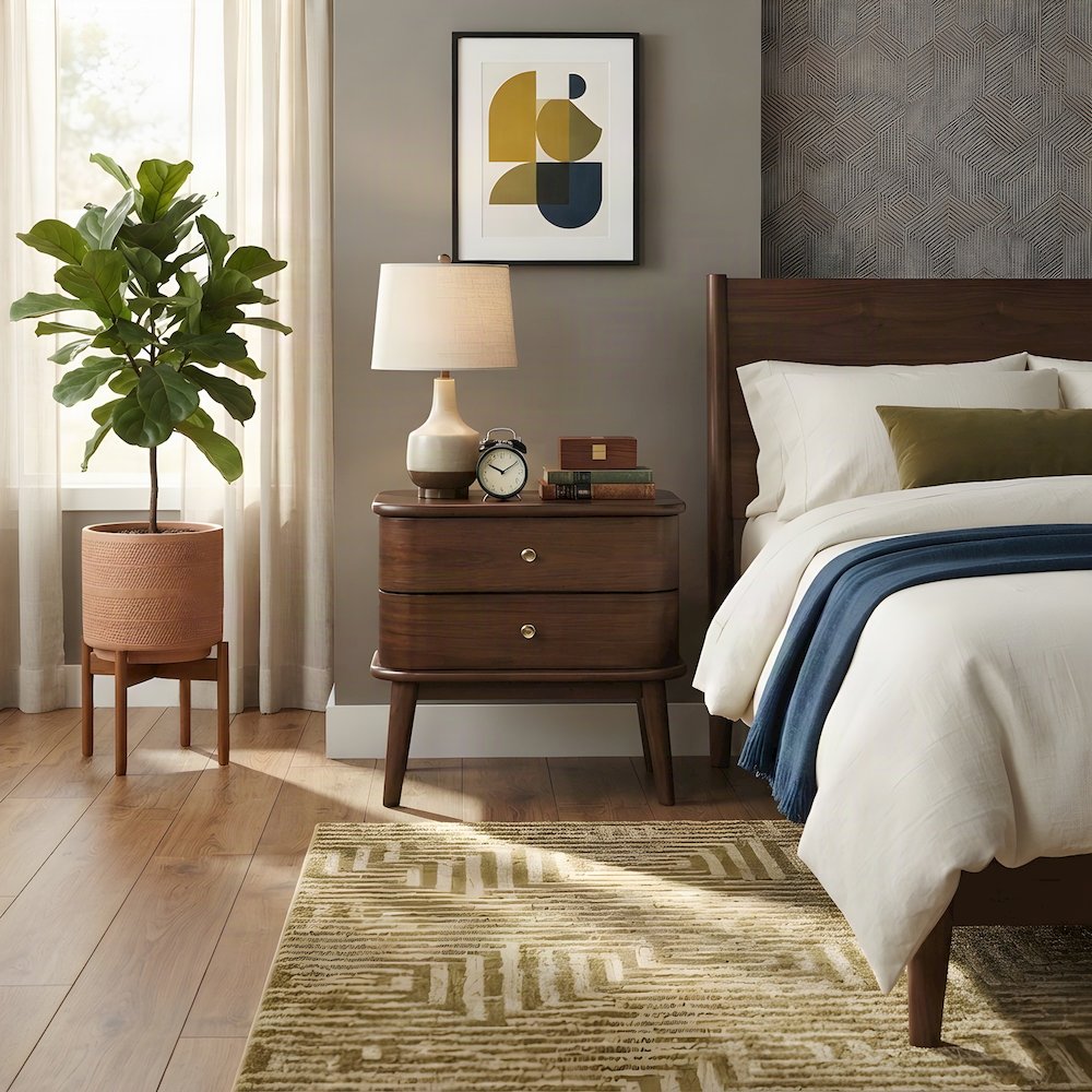 Solid Rubberwood Veneer Nightstand, Mid-Century Modern Bedside Table