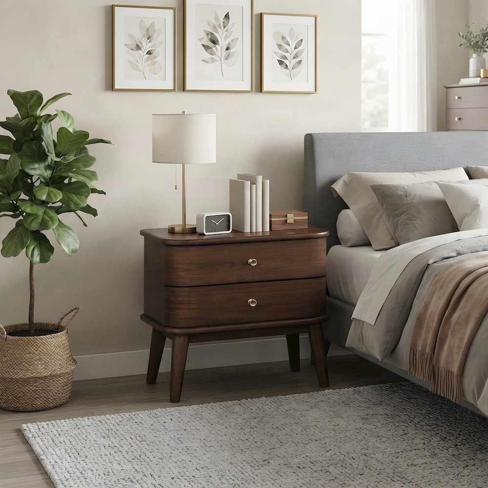 Solid Rubberwood Veneer Nightstand, Mid-Century Modern Bedside Table