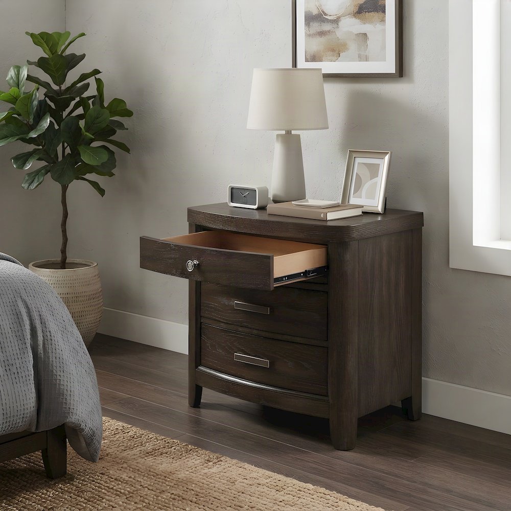 Solid Rubberwood Veneer Nightstand with Drawer, Bedside Table