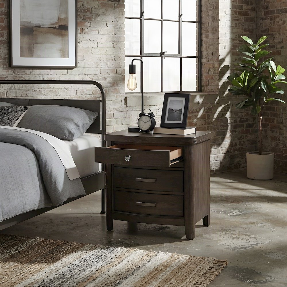 Solid Rubberwood Veneer Nightstand with Drawer, Bedside Table