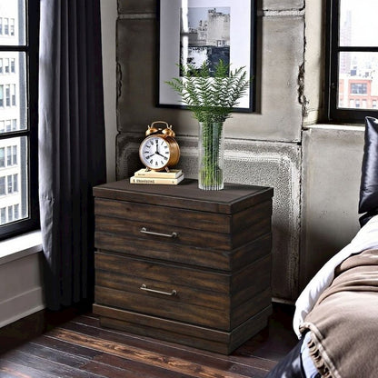 Distressed Wood Nightstand, Dark Brown 2 Drawers Bedroom Accent Table
